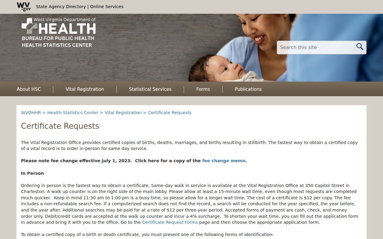 West Virginia vital-record certificate request instructions relevant to historic Monroe County deed research