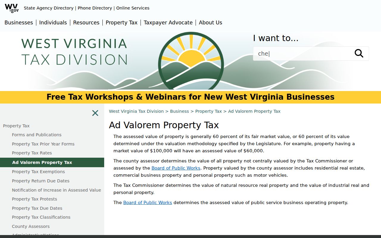 West Virginia Tax Department explanation of ad valorem property tax and assessment value relevant to Monroe County