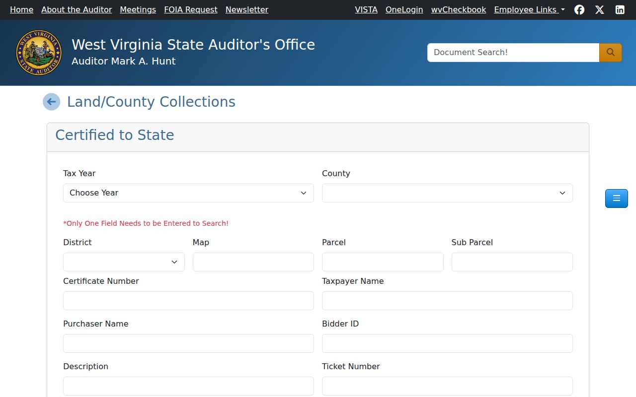 Monroe County property tax and certified-to-state land search fields