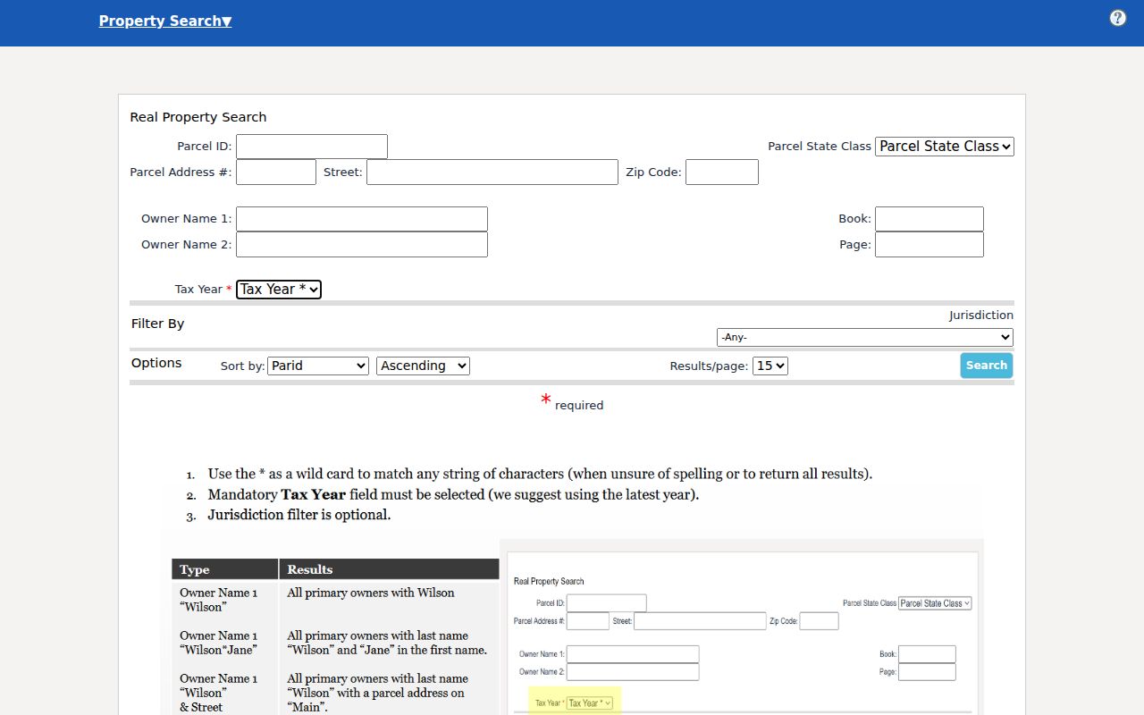Monroe County property records lookup fields for address, owner, parcel, book, page, year, and jurisdiction