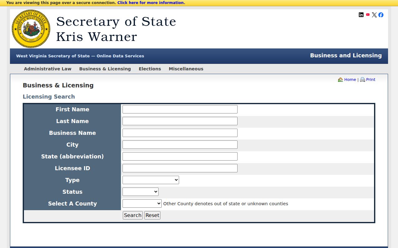 West Virginia professional and business license search fields that do not establish Monroe County parcel ownership